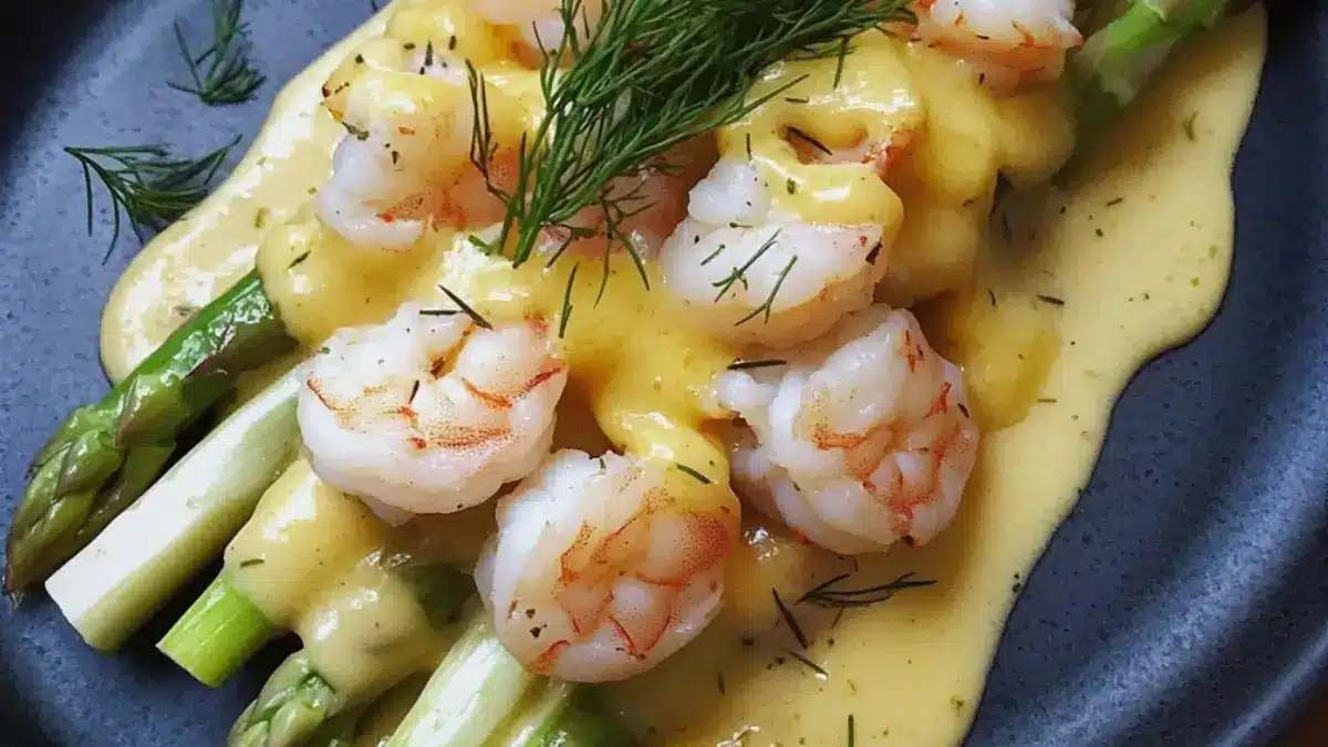 Vit sparris med räkor och hollandaise