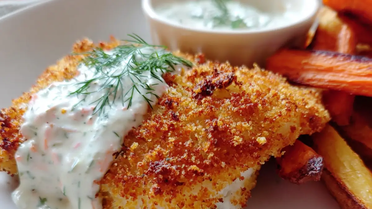Laga parmesanpanerad torskfilé med räk och dillsås