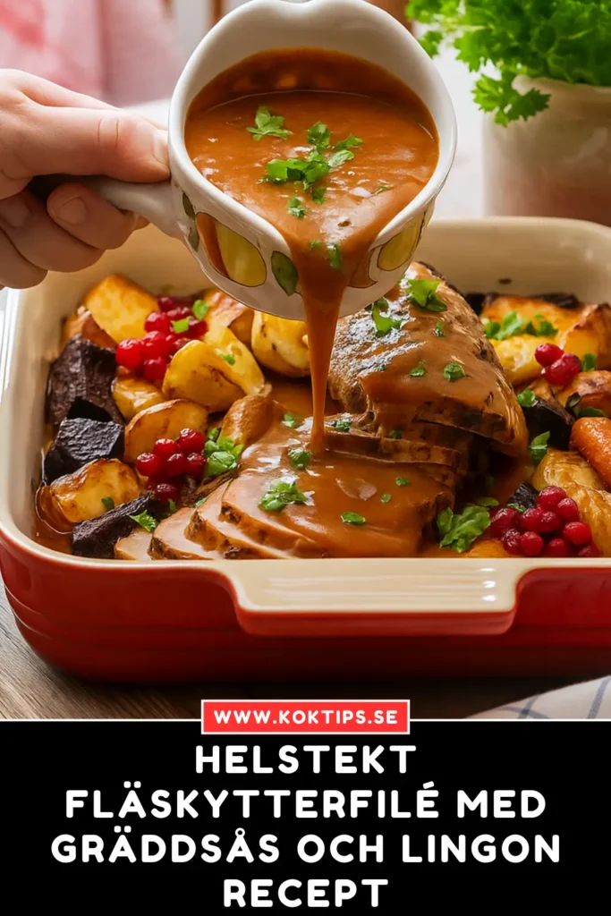 Helstekt fläskytterfilé med gräddsås och lingon Recept