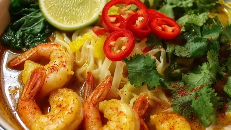 Enkel Laksa nudelsoppa med liten gul lök