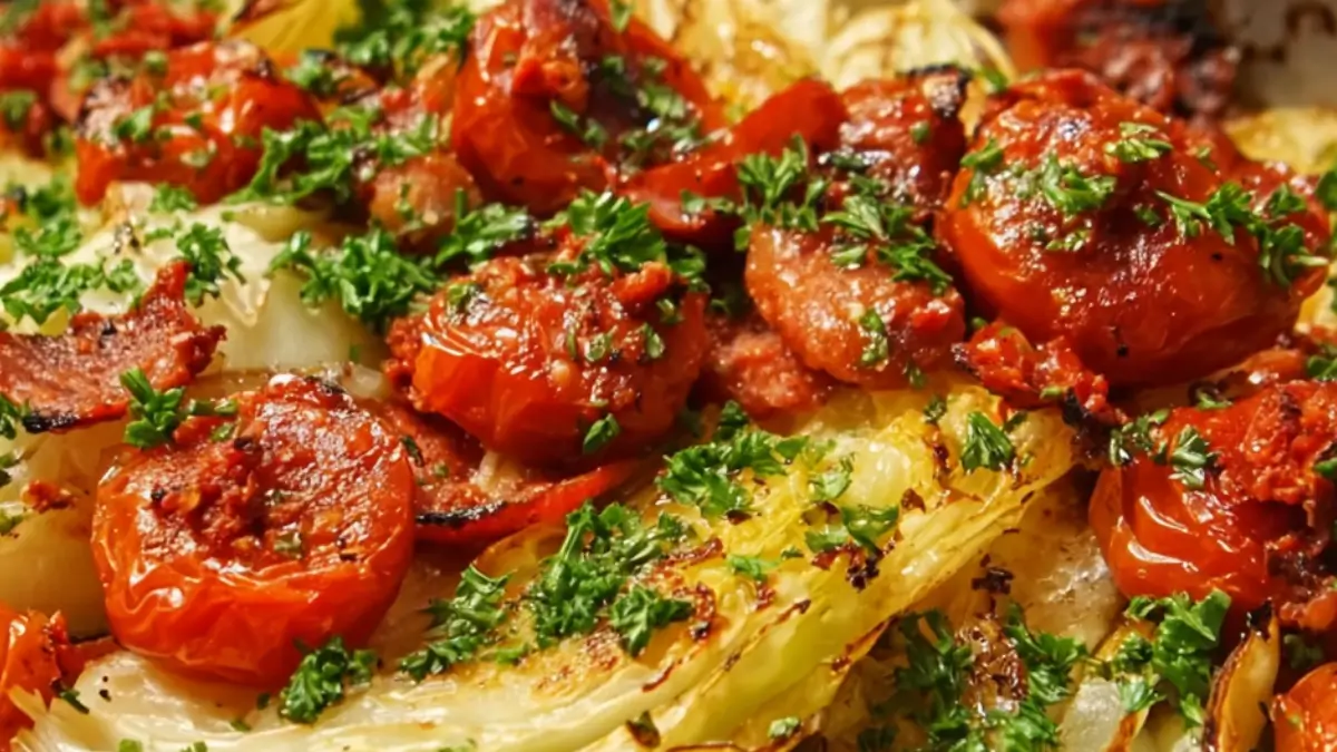 Smakrik ugnsbakad kål med chorizo och tomater