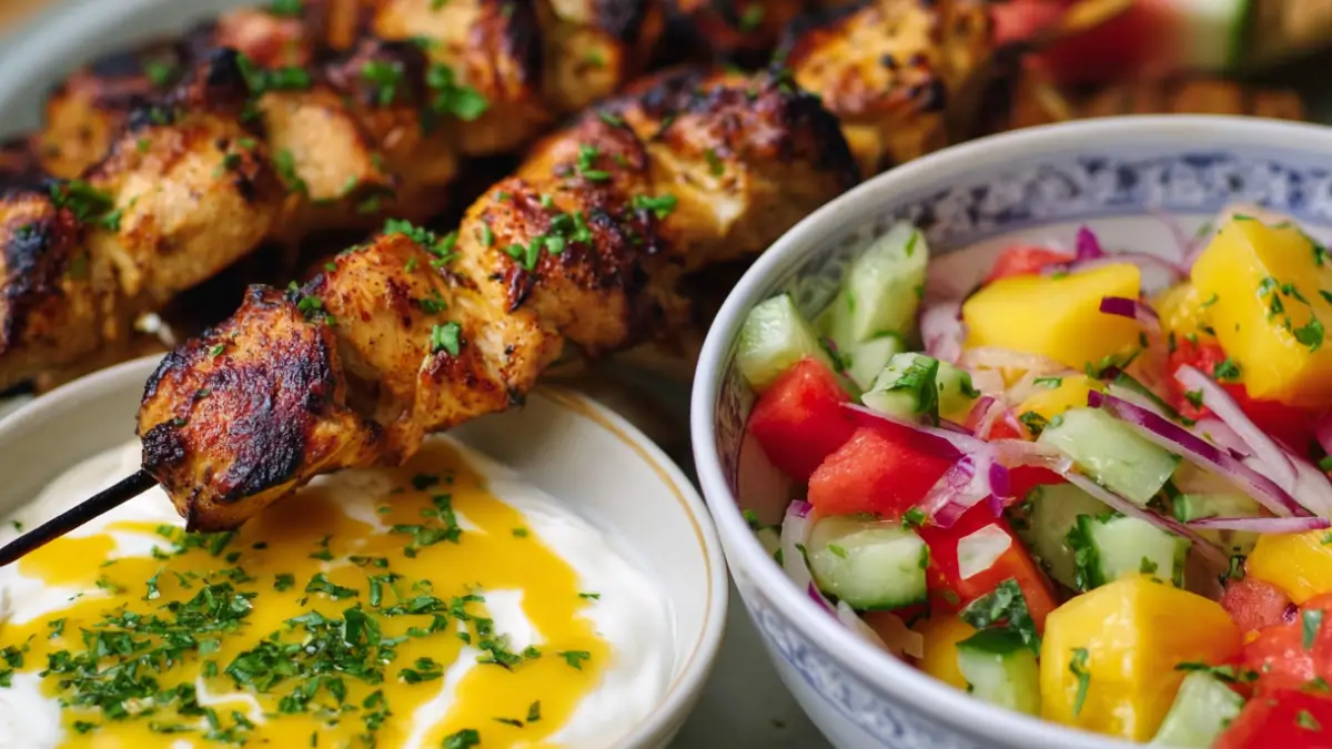 Marinerade Kycklingspett med Fruktig Salsa & Mangosås