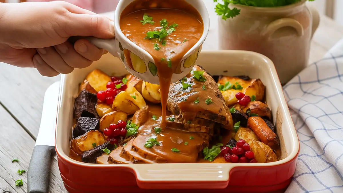 Helstekt fläskytterfilé med gräddsås och lingon Recept