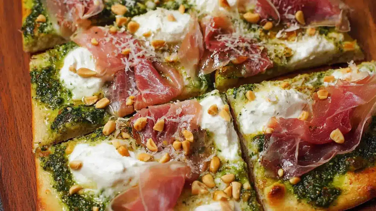 Upptäck Pizza med pesto, burrata och prosciutto