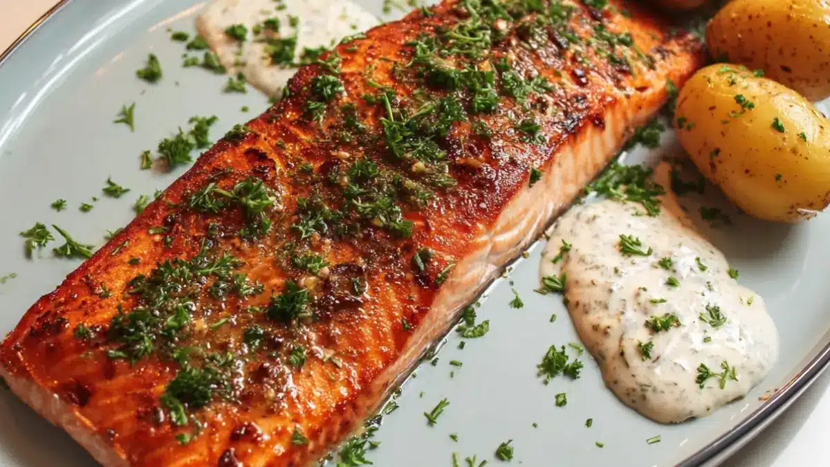 Perfekt grillad laxsida med romsås och färskpotatis