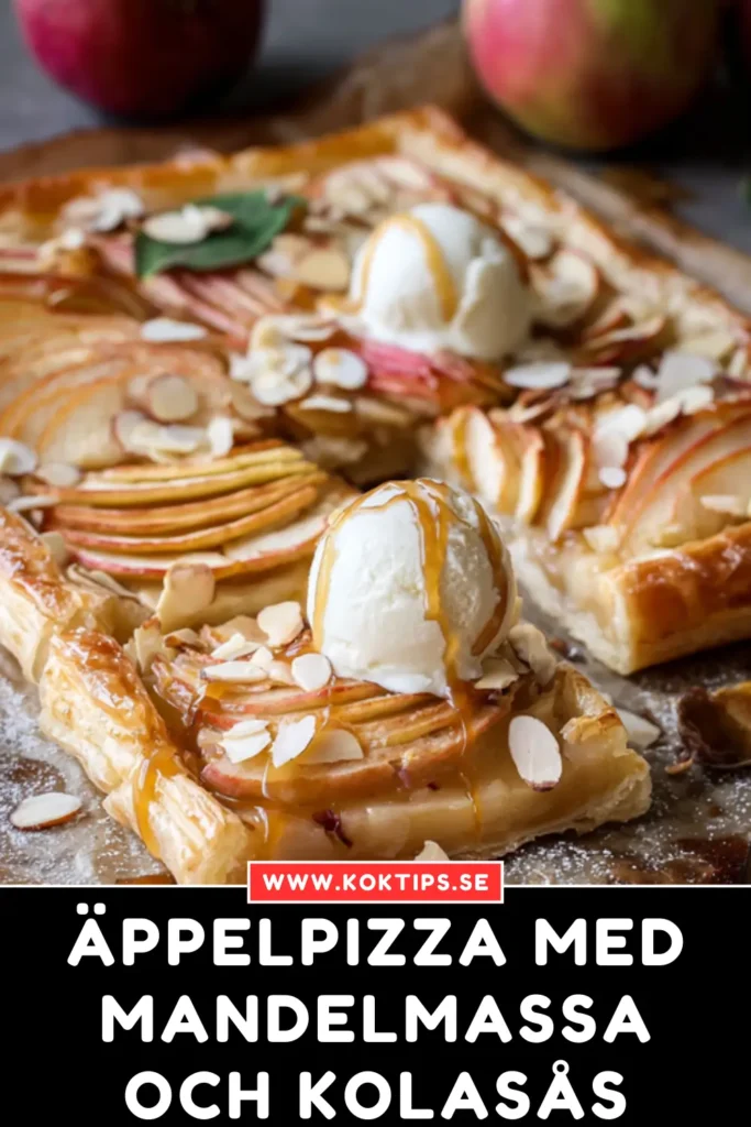 Äppelpizza med mandelmassa och kolasås