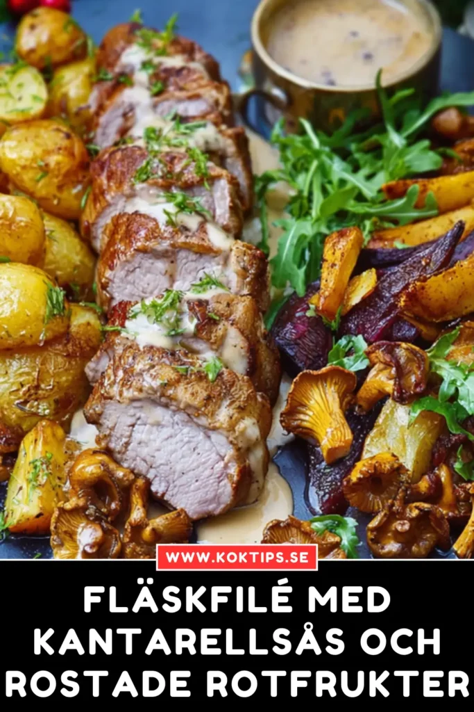Fläskfilé med kantarellsås och rostade rotfrukter
