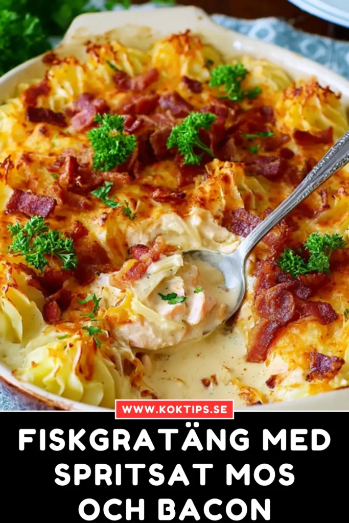Fiskgratäng med spritsat mos och bacon