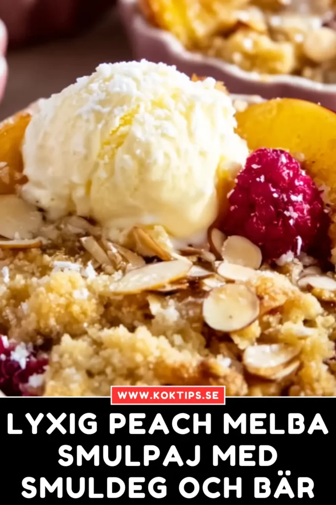 Lyxig Peach Melba smulpaj med smuldeg och bär