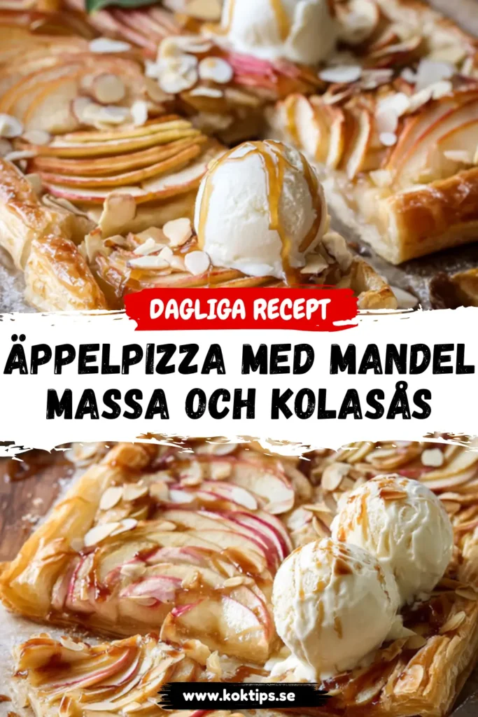 Äppelpizza med mandelmassa och kolasås