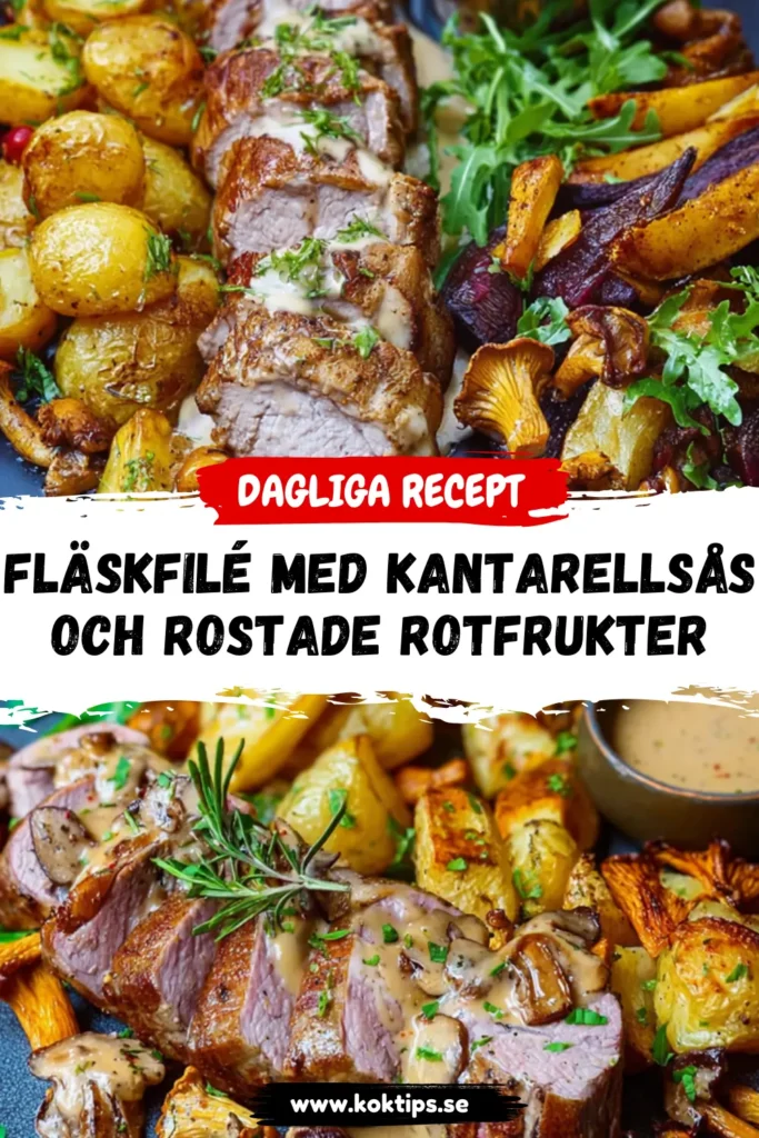 Fläskfilé med kantarellsås och rostade rotfrukter