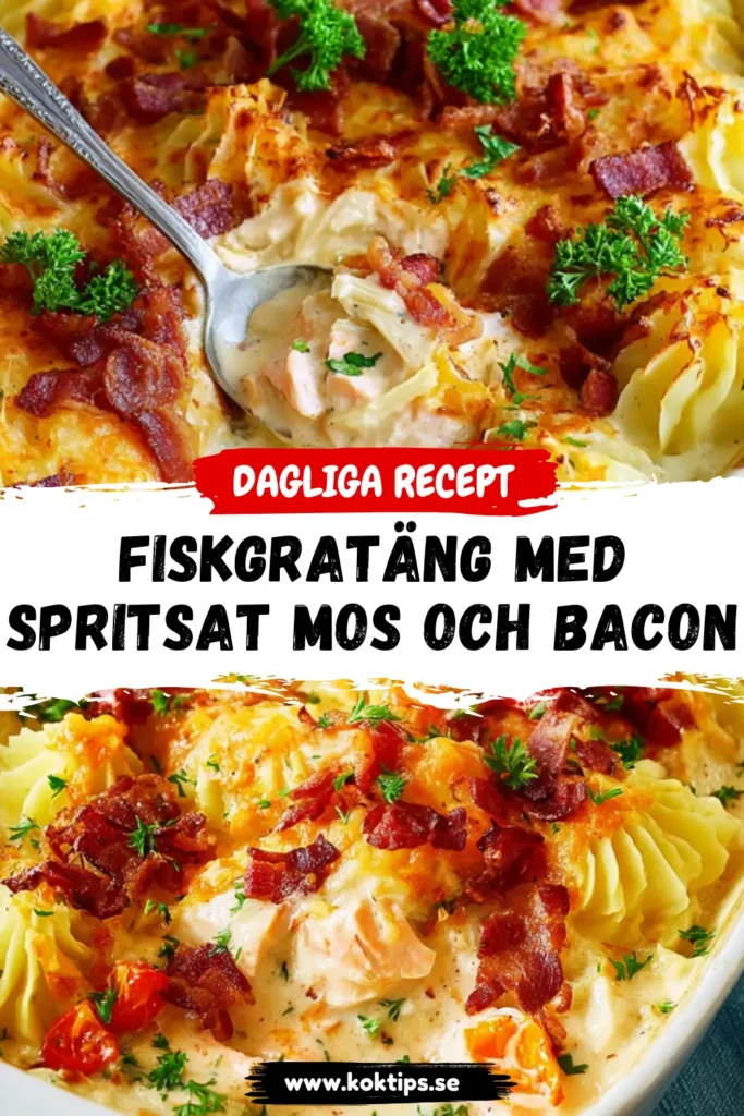 Fiskgratäng med spritsat mos och bacon
