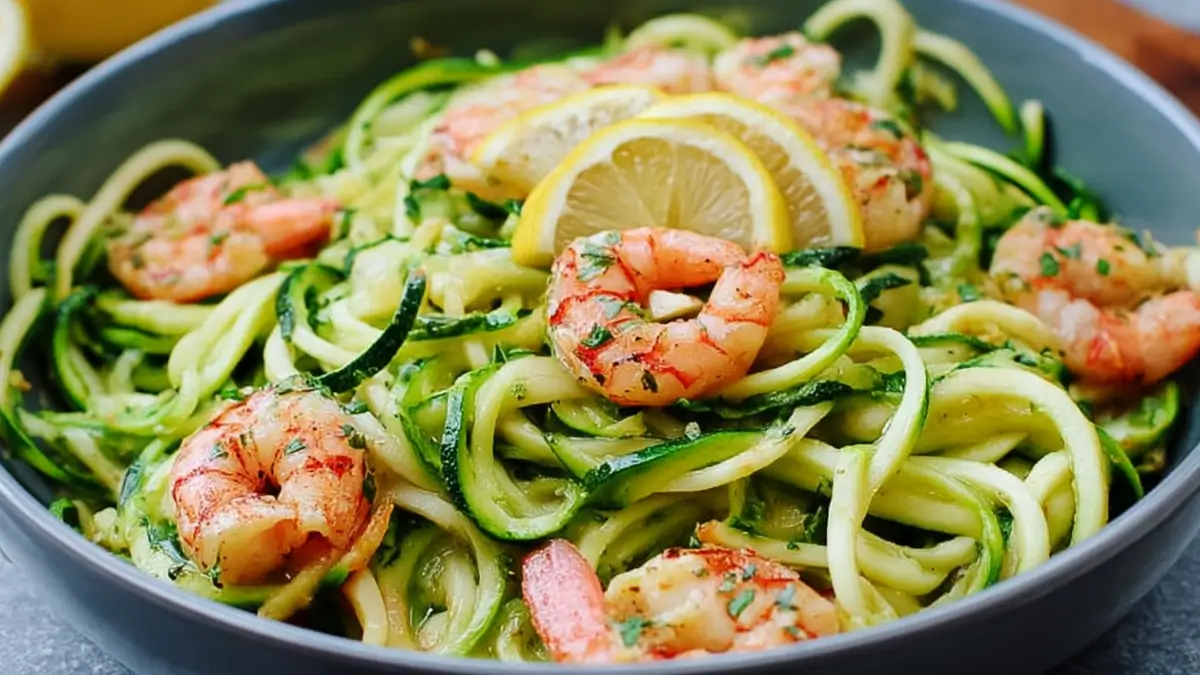 Zucchinipasta med räkor och vitlök