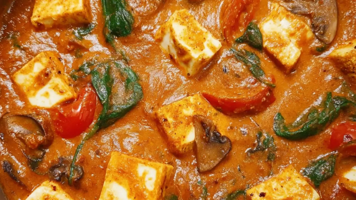 Vegetarisk indisk gryta med halloumi och tomat