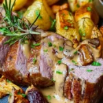 Fläskfilé med kantarellsås och rostade rotfrukter