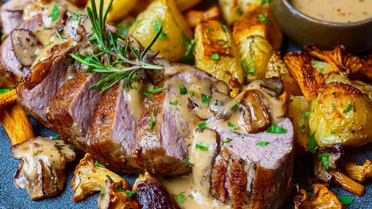 Fläskfilé med kantarellsås och rostade rotfrukter