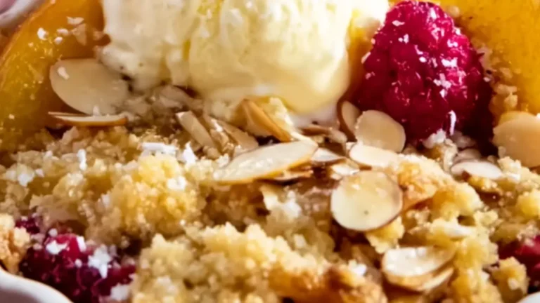 Lyxig Peach Melba smulpaj med smuldeg och bär