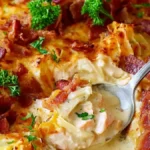 Fiskgratäng med spritsat mos och bacon