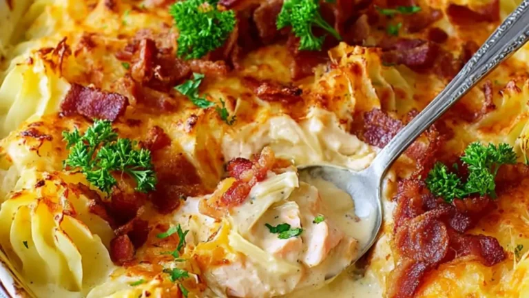 Fiskgratäng med spritsat mos och bacon