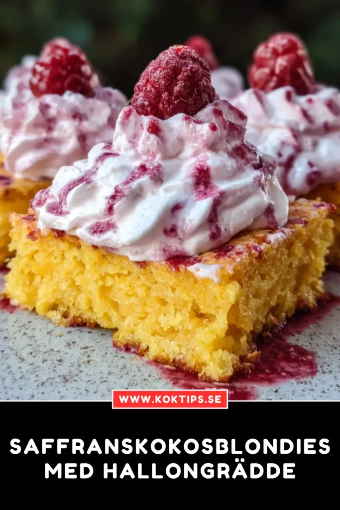 Saffranskokosblondies med hallongrädde