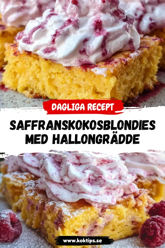 Saffranskokosblondies med hallongrädde