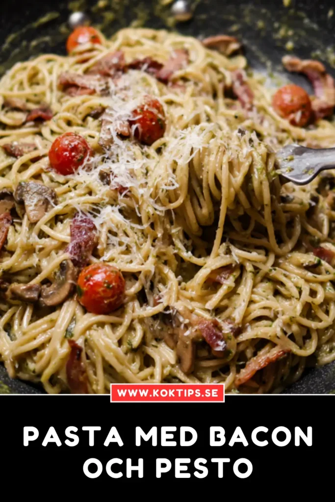 Pasta med bacon och pesto