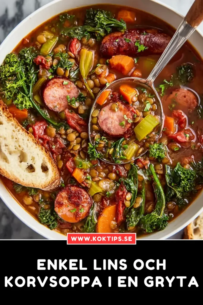 Enkel lins och korvsoppa i en gryta