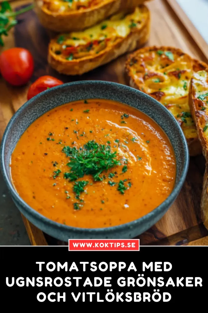 Tomatsoppa med ugnsrostade grönsaker och vitlöksbröd
