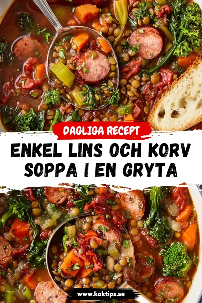Enkel lins och korvsoppa i en gryta
