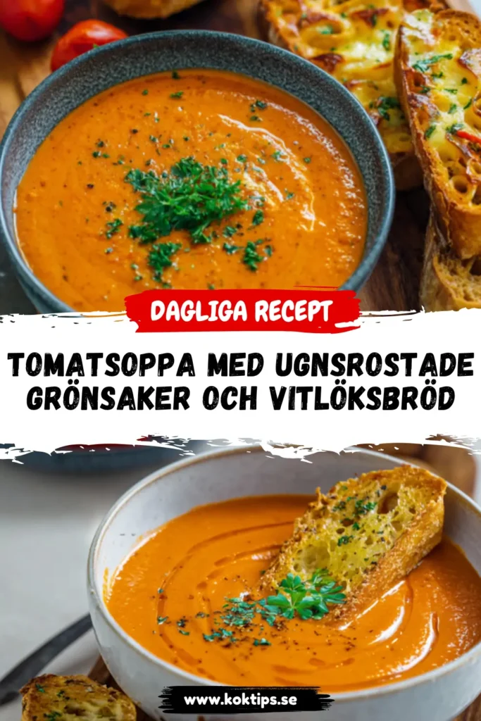 Tomatsoppa med ugnsrostade grönsaker och vitlöksbröd