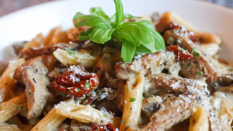 Krämig pasta med fläskfilé och soltorkade tomater