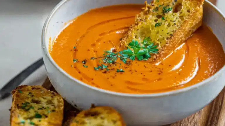 Tomatsoppa med ugnsrostade grönsaker och vitlöksbröd