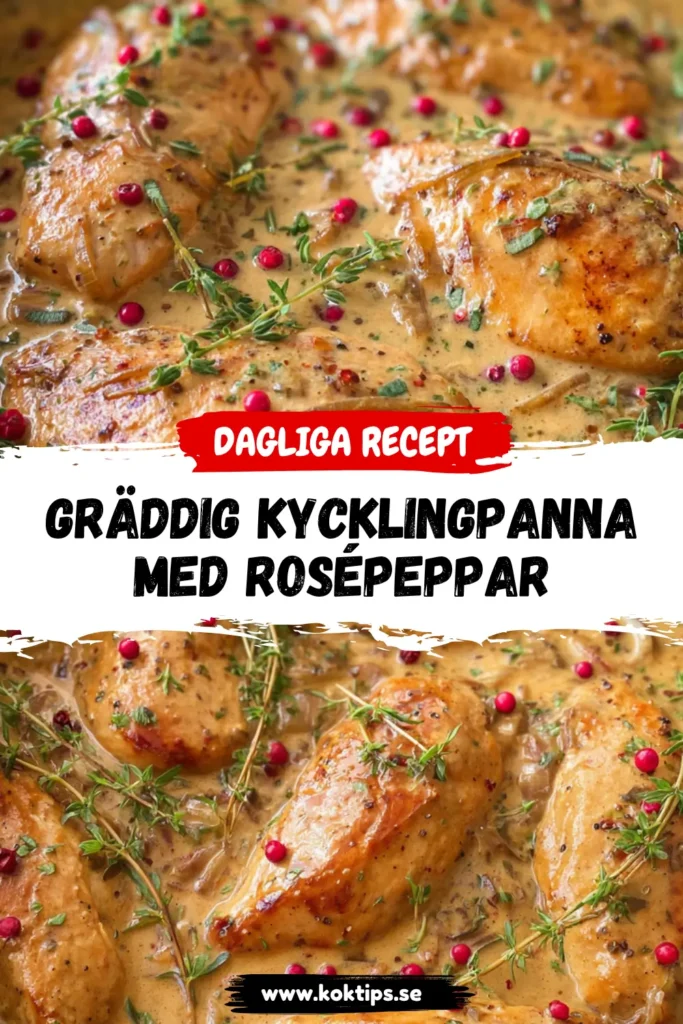 Gräddig kycklingpanna med rosépeppar, balsamico och timjan