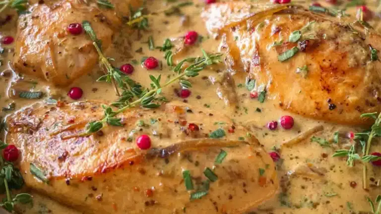 Gräddig kycklingpanna med rosépeppar, balsamico och timjan