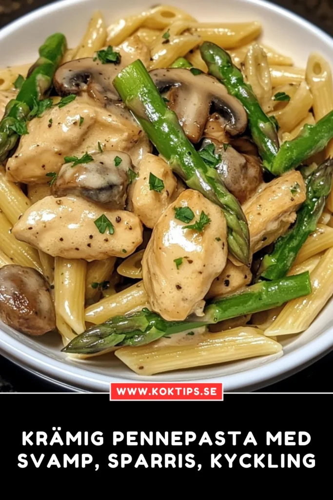 Krämig pennepasta med svamp, sparris, kyckling och knaperstekt bacon
