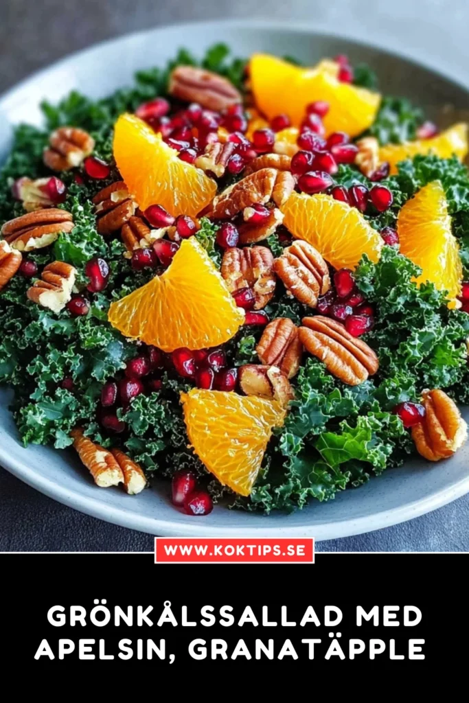 Grönkålssallad med apelsin, granatäpple och pekannötter