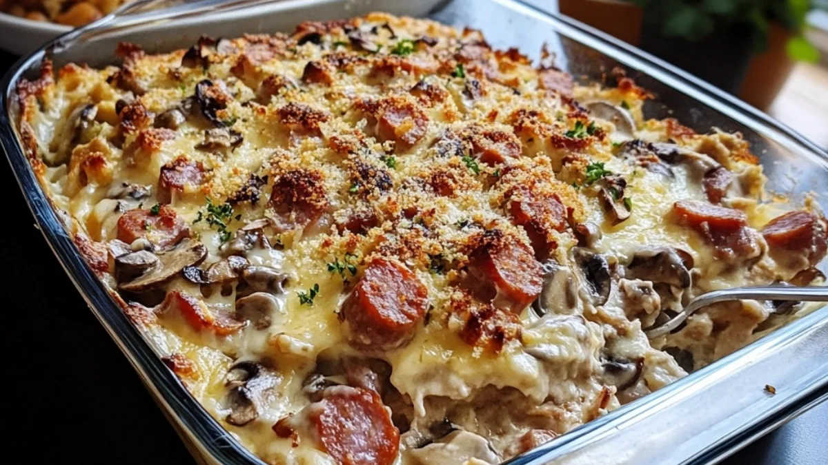 God korvgratäng med bacon och champinjoner