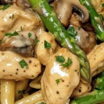 Krämig pennepasta med svamp, sparris, kyckling och knaperstekt bacon