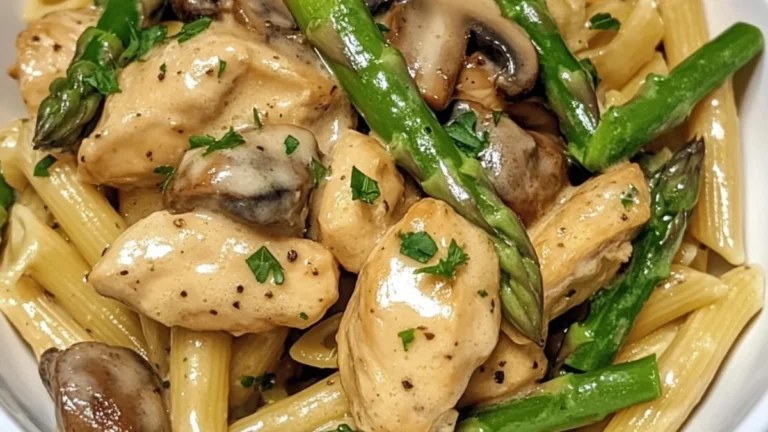 Krämig pennepasta med svamp, sparris, kyckling och knaperstekt bacon