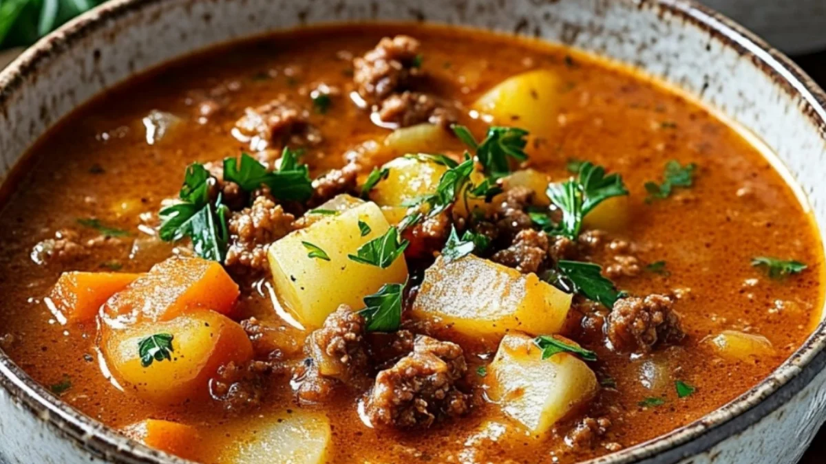 Köttfärssoppa med paprika och lök i 35 min