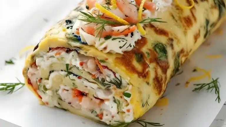 Omelettrulle med krämig räk och färskostfyllning