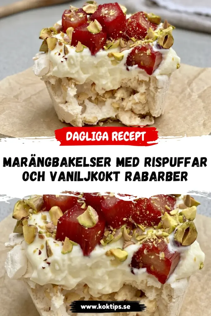 Marängbakelser med rispuffar och vaniljkokt rabarber