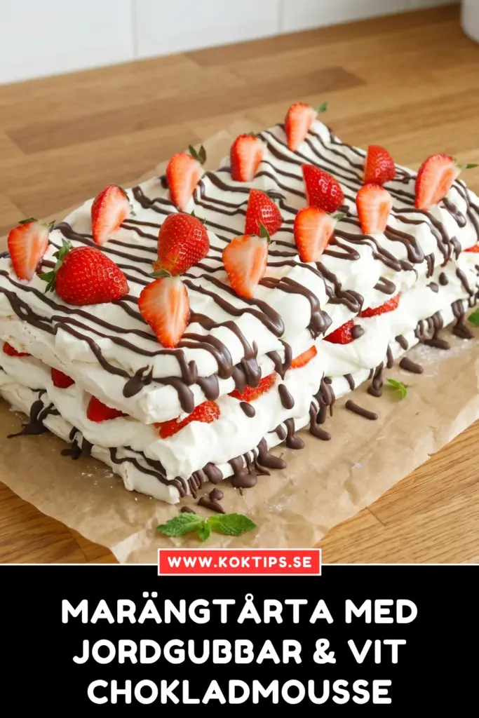 Marängtårta med jordgubbar & vit chokladmousse