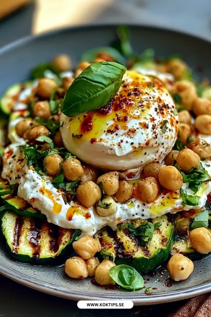 Grillad zucchini på nytt sätt: hemlagat recept med burrata, kikärter och chiliolja