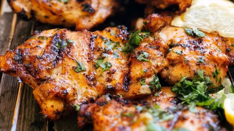 Saftiga grillade kycklinglårfiléer med vitlök och persilja hemma