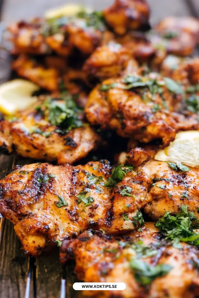 Saftiga grillade kycklinglårfiléer med vitlök och persilja hemma