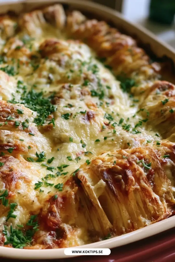 Köttfärsgratäng till middag: servera med gyllene hasselbackspotatis för extra mys