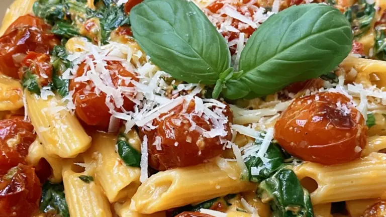 Krämig toscansk pasta med smakrika ugnsrostade tomater och färsk basilika