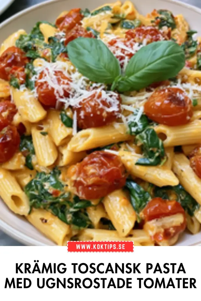 Krämig toscansk pasta med smakrika ugnsrostade tomater och färsk basilika