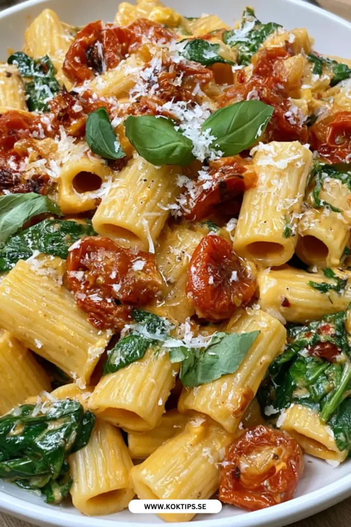 Krämig toscansk pasta med smakrika ugnsrostade tomater och färsk basilika